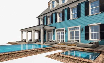 3d rendering of modern cozy classic house in colonial style with garage and pool for sale or rent. Isolated on white.