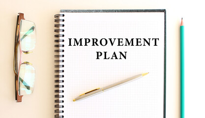 Notepad with text on a white background, near glasses and pencil. Business concept.