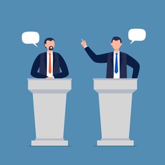 Male candidates taking part in debates. Pair of government workers talking to each other, discussing problems, or having a dispute. Flat vector illustration.