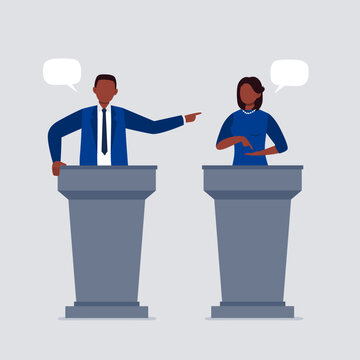 An African-American woman and man taking part in debates. Pair of government workers talking to each other, discussing problems, or having a dispute. Flat vector illustration.