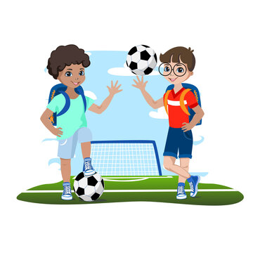 Children on the soccer field with balls learn to play football. Sport games. Background vector illustration.