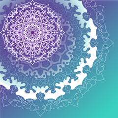 Beautiful blue and purple background with white mandala. Relax and meditation poster. Vector illustration. 