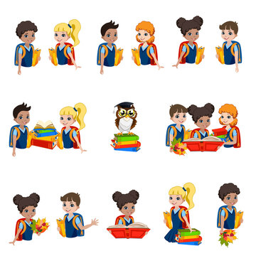 Schoolchildren with backpacks and a book go to school. A collection of images of children of different nationalities. Education. Set vector illustration on a white background.