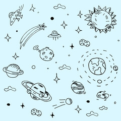 Hand drawn space, galaxy and planets with stars. Vector set or background.