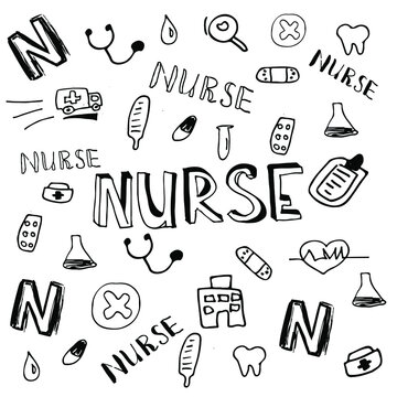 Hand drawn Nurse lettering and medical icons collection. Medical background or pattern.