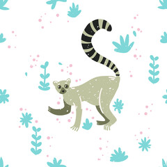 Tropical pattern. Lemur in the jungle. Cute childish illustration with lemur. Vector illustration with lemur and flowers