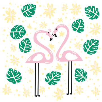 Two lovers of flamingos in the tropics. Tropical leaves and flowers. A pair of flamingos. Love. Vector image, clipart, editable details.