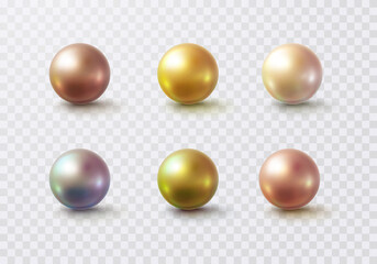 Pearl glossy beads isolated on transparent background. Gold, golden rose, holographic balls. Vector 3d metal sphere, shiny capsules