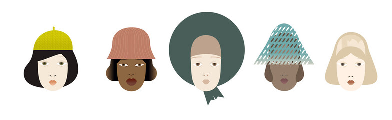 Portraits of women and girls of different skin colors and different ages in fashionable hats. Female international movement. Flat design style vector graphic illustration.