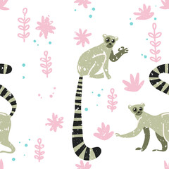 Tropical pattern. Lemur in the jungle. Cute childish illustration with lemur. Vector illustration with lemur and flowers. For backgrounds, packaging, textile and various other designs.