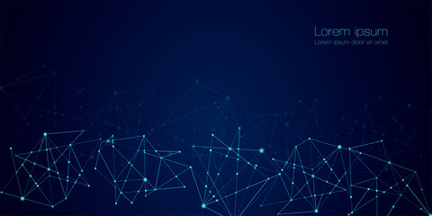 Abstract technology Network nodes with polygonal shapes on dark blue Vector background. Connection science and futuristic technology, digital structure, connected points, web.