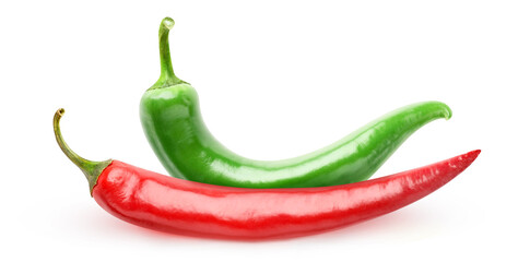 Two hot chili peppers of different color isolated on white background