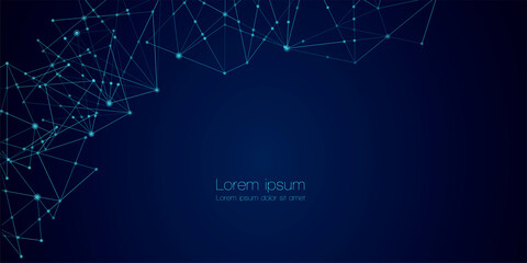 Abstract technology Network nodes with polygonal shapes on dark blue Vector background. Connection science and futuristic technology, digital structure, connected points, web.