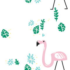 Naklejka premium Tropical pattern. Pattern with flamingos, monstera leaves and blue tropical flowers. Vector image, clipart, editable details.