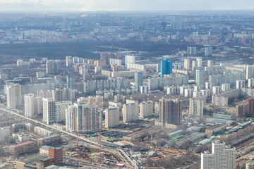 Fototapeta premium Russia, Moscow, 2019: view from the Ostankino TV tower to the city panorama, towards the Timiryazevskaya metro station