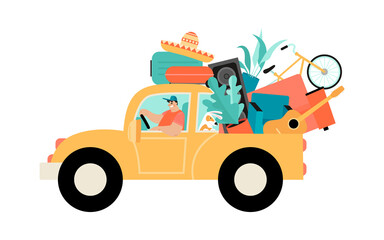 Moving to a new house. Conceptual illustration with a man driving a car in which he carries furniture and household items.