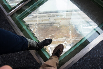 Russia, Moscow, 2019: Ostankino TV tower, transparent floor and a dizzying down view