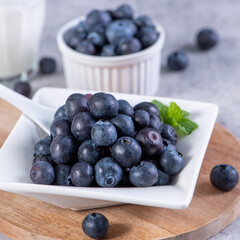 Pile of blueberry fruit in a bowl plate on a tray over gray cement concrete background, close up, healthy eating design concept.