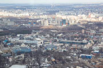 Russia, Moscow, 2019: view from the Ostankino TV tower to the panorama of the city, multi-storey residential buildings and the VDNH park