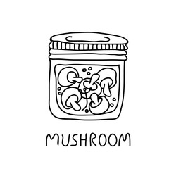 Canned mushroom in a glass jar vector illustration. Hand drawn icon of preserved food.