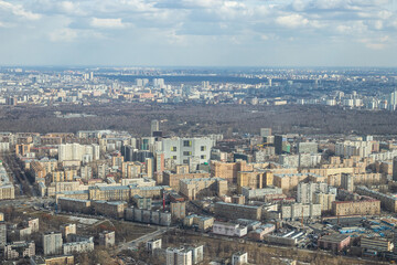 Russia, Moscow, 2019: Ostankino TV tower, view of the residential areas of the city