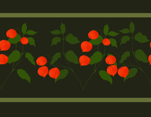 Seamless border, an ornament with red-orange flowers of physalis on curved branches, green leaves on a dark green background. Floral, autumn pattern. Winter cherry. Autumn flowers.
