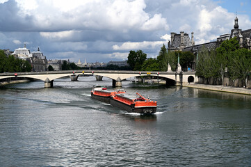 Long barge on the Seine river in Paris