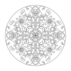 Mandala coloring page. Hearts, spirals, flowers and birds.