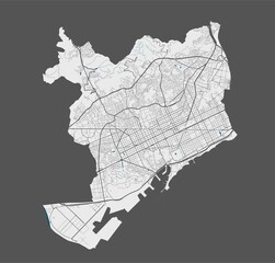 Barcelona map. Detailed map of Barcelona city poster with streets, water.