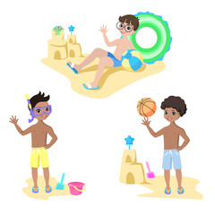 Happy kids play on the beach. Summer vacation by the sea. Children in swimsuits with rubber rings and balls wave handles. Vector illustration.