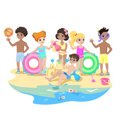 Obraz na płótnie Canvas Happy kids play on the beach. Summer vacation by the sea. Children in swimsuits with rubber rings and balls wave handles. Vector illustration.