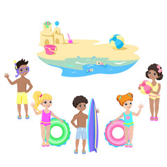 Obraz na płótnie Canvas Happy kids play on the beach. Summer vacation by the sea. Children in swimsuits with rubber rings and balls wave handles. Vector illustration.