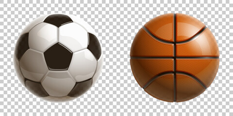 3d realistic shiny basketball and football soccer championship Design banner. Illustration banner with logo classic Realistic basketball and football soccer balls Isolated on transparent background