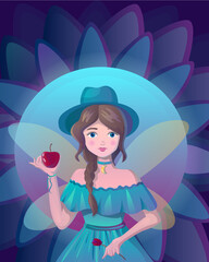 Beautiful little girl with a flower in her hands. Girl with an apple. Girl in a blue hat. Background with patterns. Illustration in cold colors.Fairy in a bare dress.