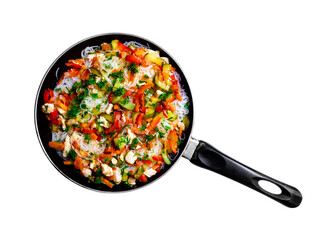 fungoza salad cellophane rice and delicious tasty vegetables red bell pepper carrots cucumber dill greens tomato onion shredded fried chicken meat in a pan with a handle together on a white background