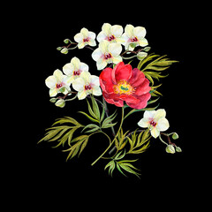 Watercolor bouquet  white orchid with red peony on black background. Floral illustration.