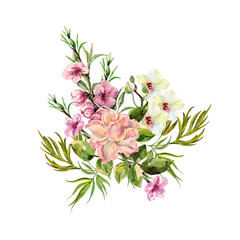 Watercolor bouquet  white orchid with rose and peach flowers on white background. Floral illustration.