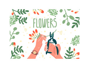 Florist accessories on an isolated background. Bouquet in hand, cutting flowers, scissors, pruning shears, floral ribbon. Wedding bouquet. Background for the site of colors. Stickers, postcard. Vector