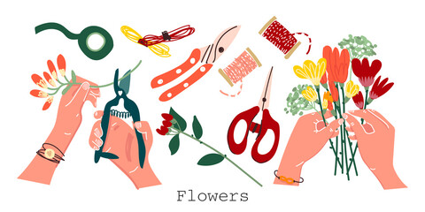 Florist accessories on an isolated background. Bouquet in hand, cutting flowers, scissors, pruning shears, floral ribbon. Wedding bouquet. Background for the site of colors. Stickers, postcard. Vector