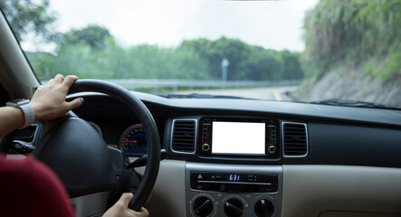 Driving a car on mountain trail