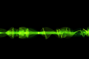 illustration of Green luminous line of paricles representing a sound wave on a black abstract Futuristic digital background with copy space. Banner for your design