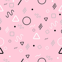 Memphis seamless pattern with abstract shapes, 80s memphis geometric style flat and line design elements. Retro art for covers, banners, flyers and posters