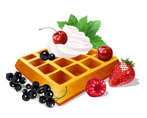 Belgian waffles with whipped cream and fresh berries. Vector illustration.