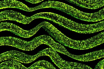 Abstract Background full of glowing green wavy lines composed of particles flying on a black space. Overlay layer for your design