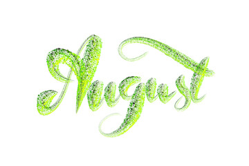 August lettering word written with green luminous particles isolated on white background