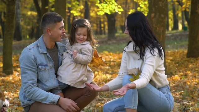 Young happy family have fun in autumn leaves. Fall