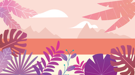 Fototapeta na wymiar Fantasy sunset seascape background. Simple flat style design. Palm leaves and exotic tropical stylized plants. Template for summer and vacation posters and flyers. Vector illustration.