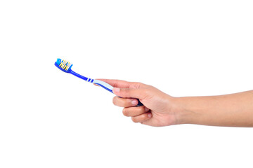 Toothbrush in woman's hand isolated on white background