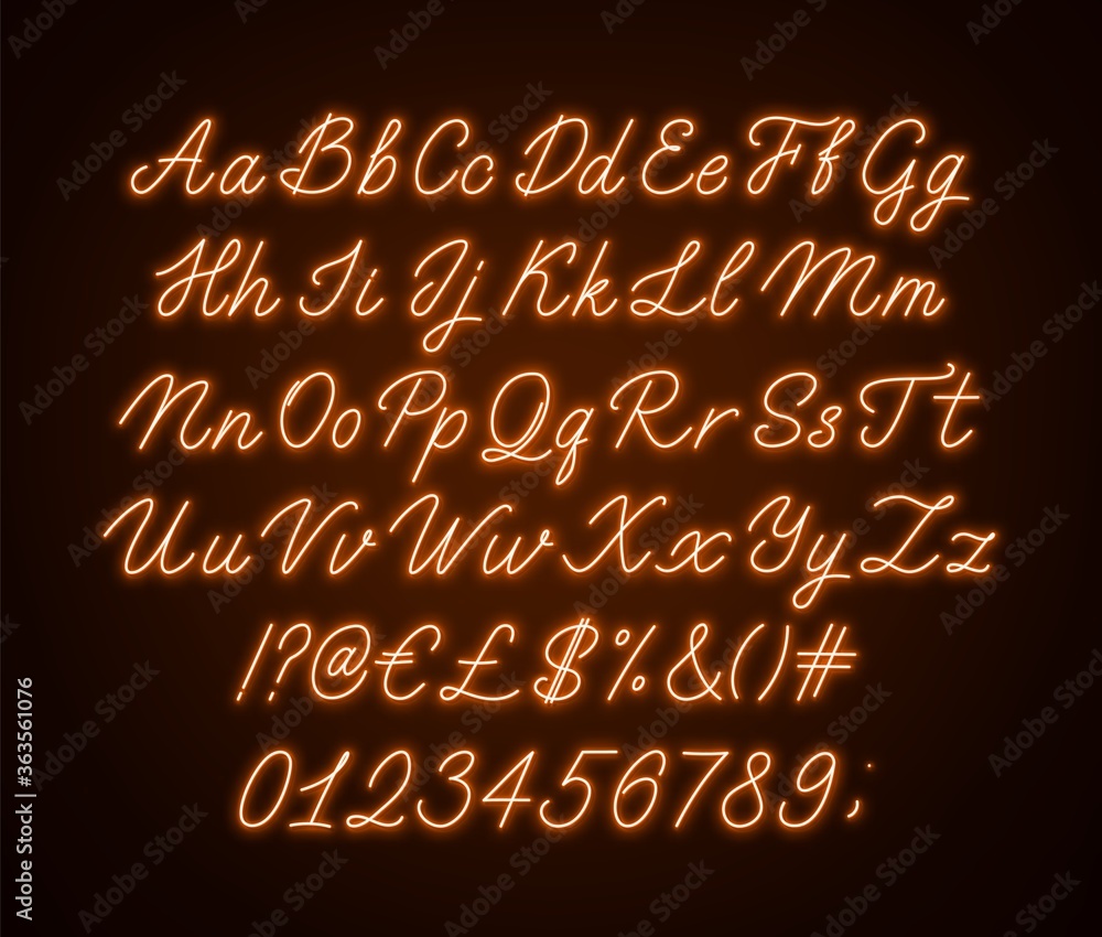 Aufkleber neon orange script alphabet. glowing cursive font with letters, numbers and special characters on a 
