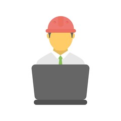 Industrial engineer behind laptop. Construction engineer or architect. Flat icon illustration.